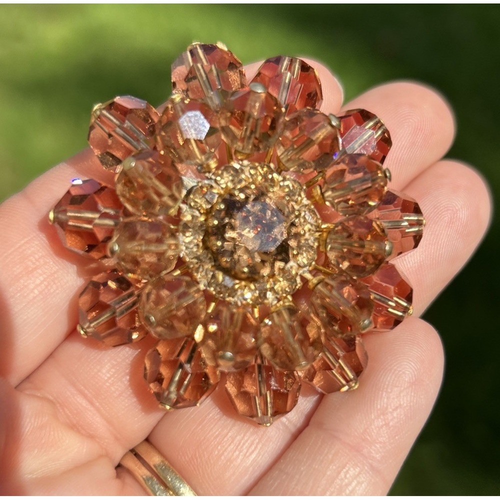 Vtg Austria Brooch Dome Amber Crystal And Rhinestone Layers Stunning Heavy